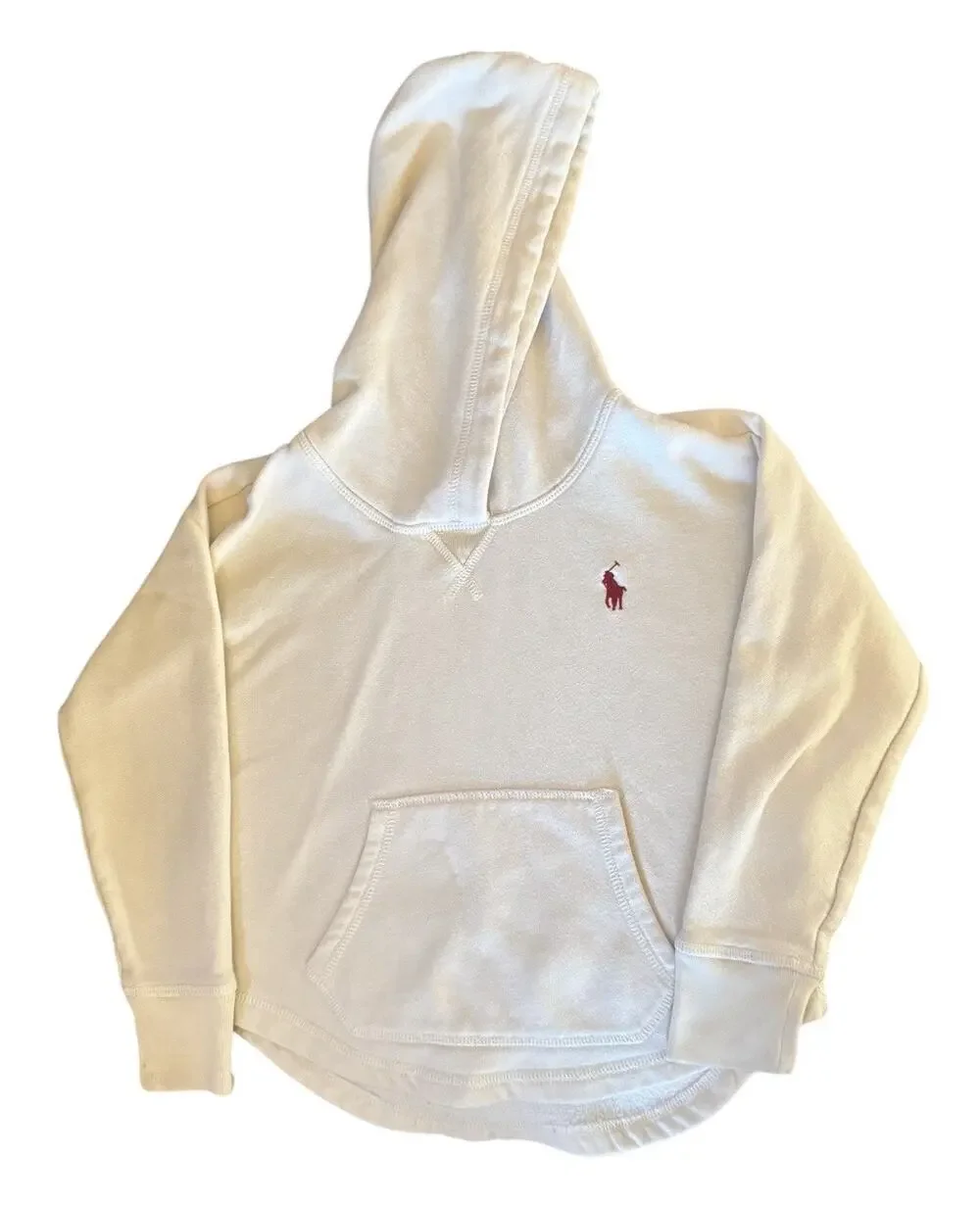 Ralph Lauren Girls Sz 6 Cream Pullover Classic Hoodie Sweatshirt Red Pony Logo